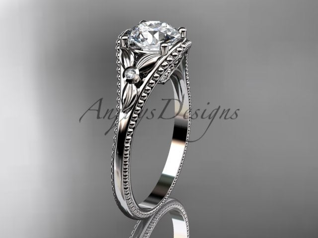 1 carat round lab grown diamond engagement ring with nature inspired leaf and vine design in 14k white gold