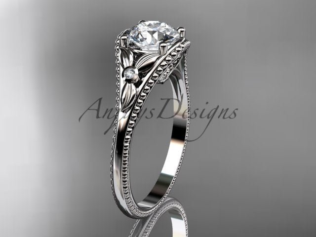 1 carat round lab grown diamond engagement ring with nature inspired leaf and vine design in 14k white gold