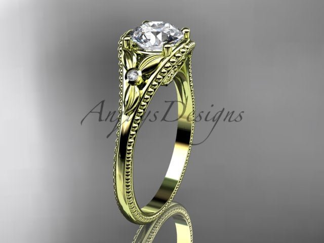 1 carat round lab grown diamond engagement ring with nature inspired leaf and vine design in 14k yellow gold