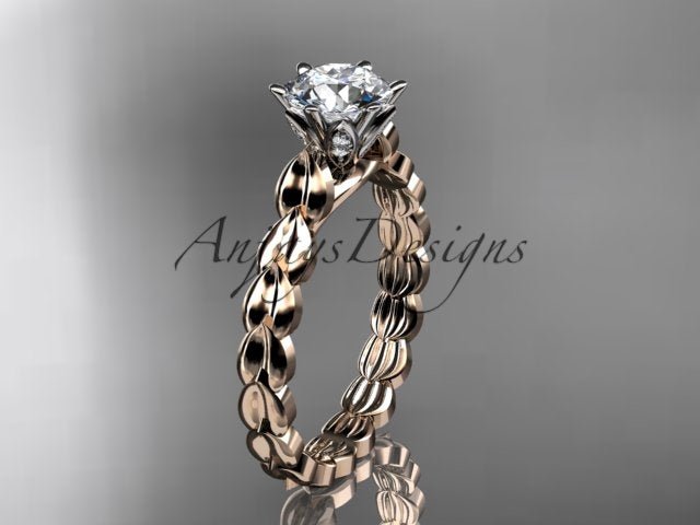 1 carat round brilliant lab grown diamond nature inspired leaf engagement ring in 14k rose gold