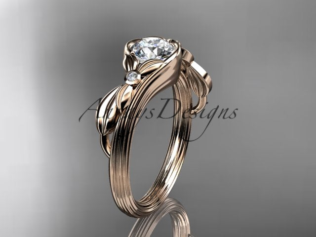 1 carat round brilliant lab grown diamond nature inspired leaf engagement ring in 14k rose gold