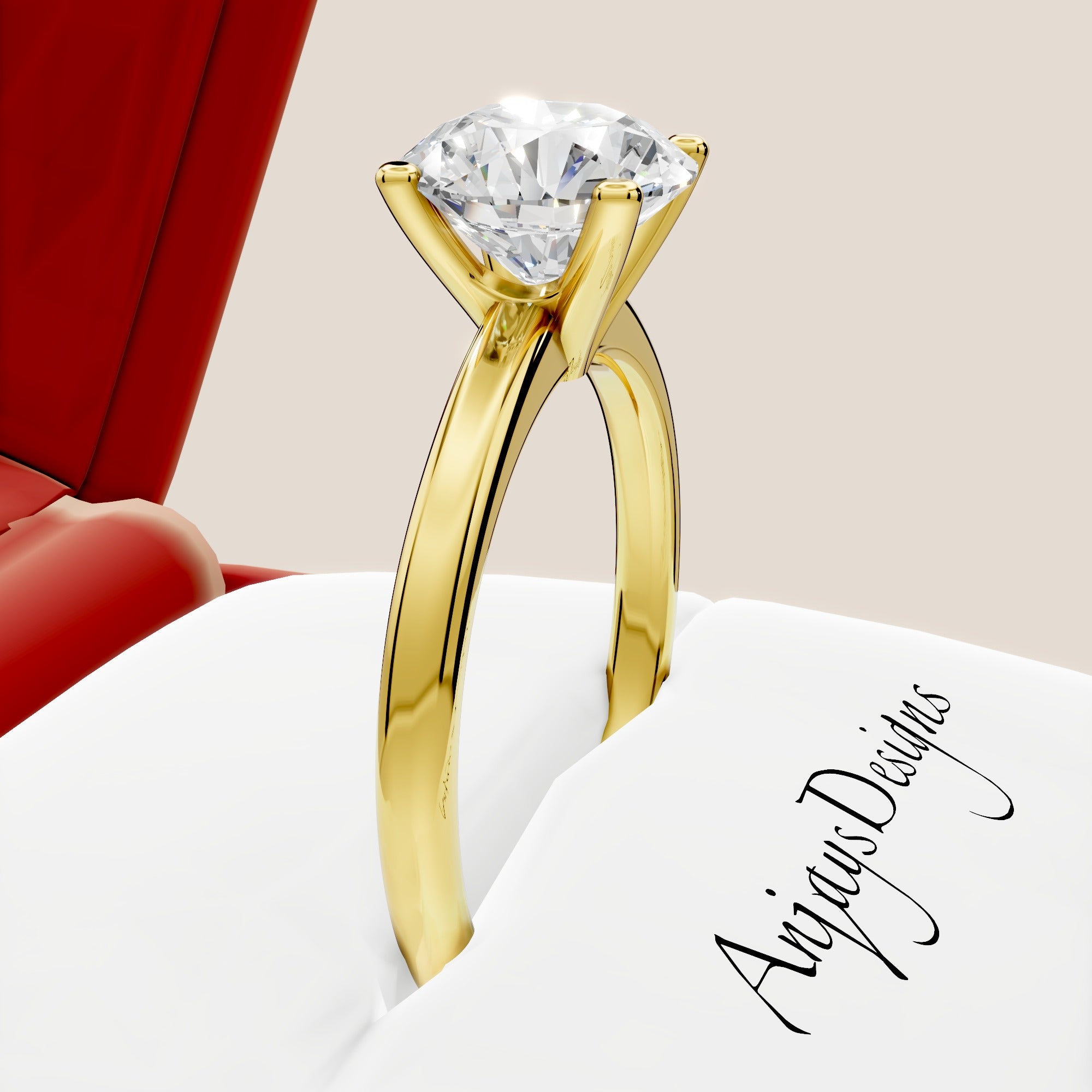 1 carat round cut lab grown diamond solitaire engagement ring with 4 prong setting in 14k yellow gold