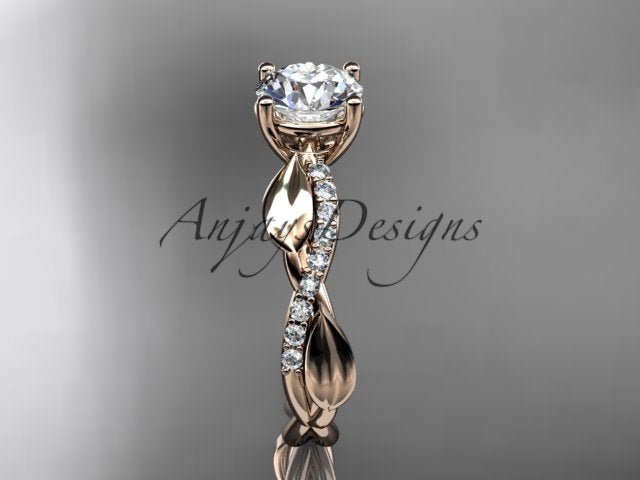 Nature inspired leaf engagement ring with round lab grown diamond in 14k rose gold