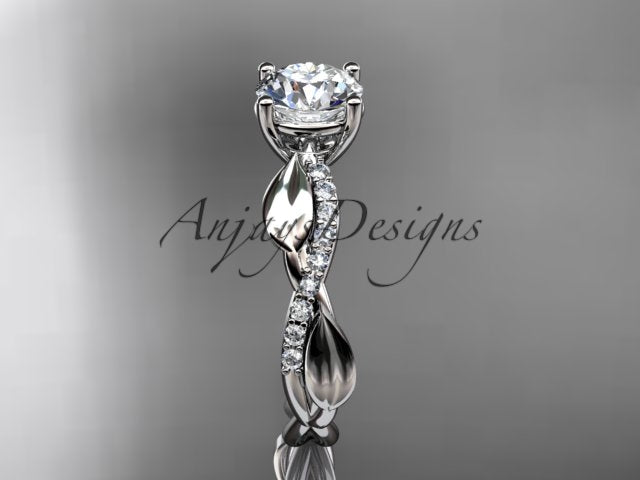 1 carat round D VS1 lab grown diamond leaf engagement ring in 14k white gold