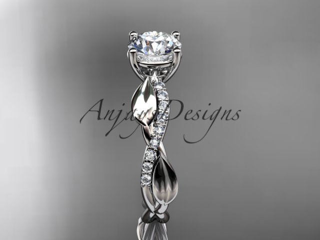 1 carat round D VS1 lab grown diamond leaf engagement ring in 14k white gold