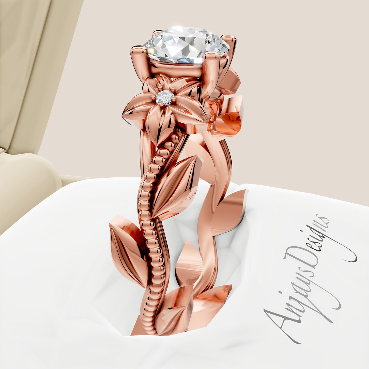 1 carat round lab grown diamond flower engagement ring in 14k rose gold