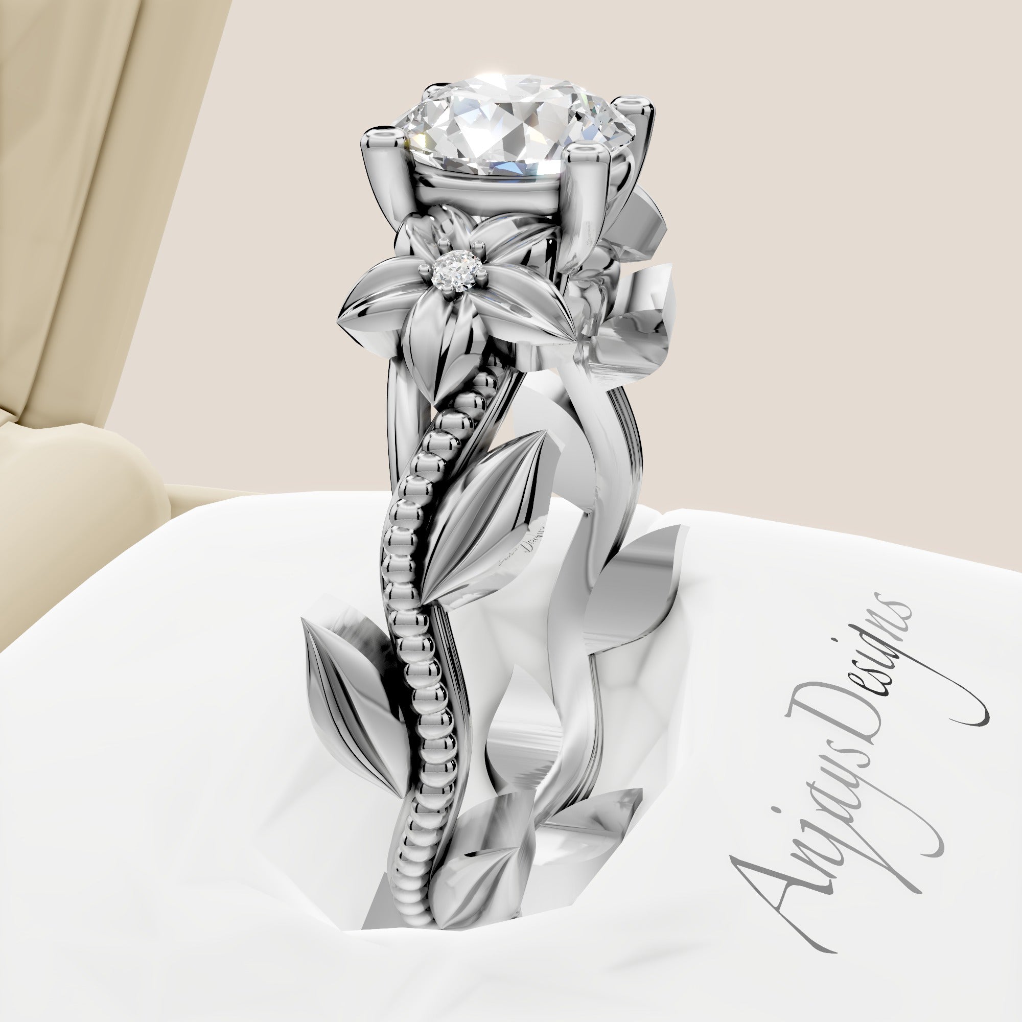 1 carat round lab grown diamond flower engagement ring in 14k white gold
