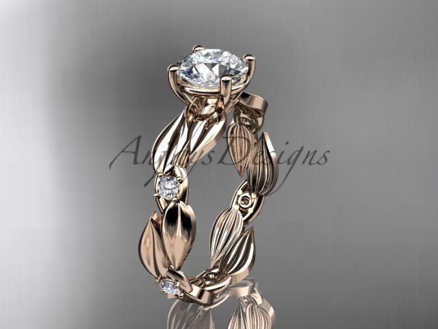1 carat round lab grown diamond engagement ring with nature inspired leaf and vine design in 14k rose gold