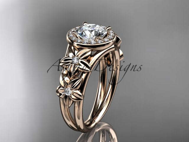 1 carat round D VS1 lab grown diamond halo flower engagement ring in 14k rose gold