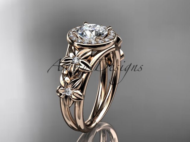 1 carat round D VS1 lab grown diamond halo flower engagement ring in 14k rose gold