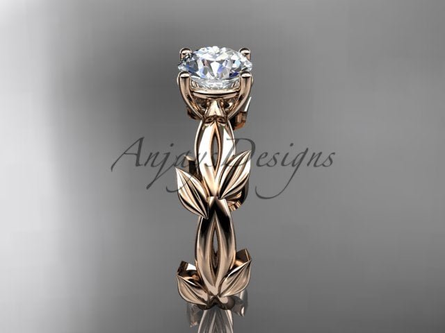 1 carat round lab grown diamond leaf engagement ring in 14k rose gold