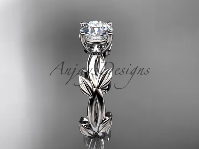 1 carat round lab grown diamond leaf engagement ring in 14k white gold