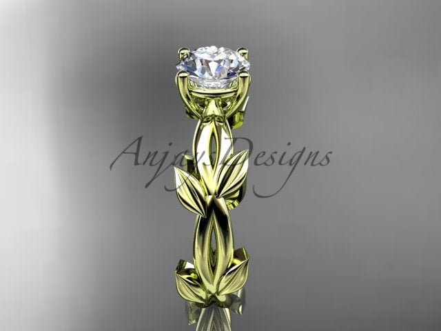 1 carat round lab grown diamond leaf engagement ring in 14k yellow gold