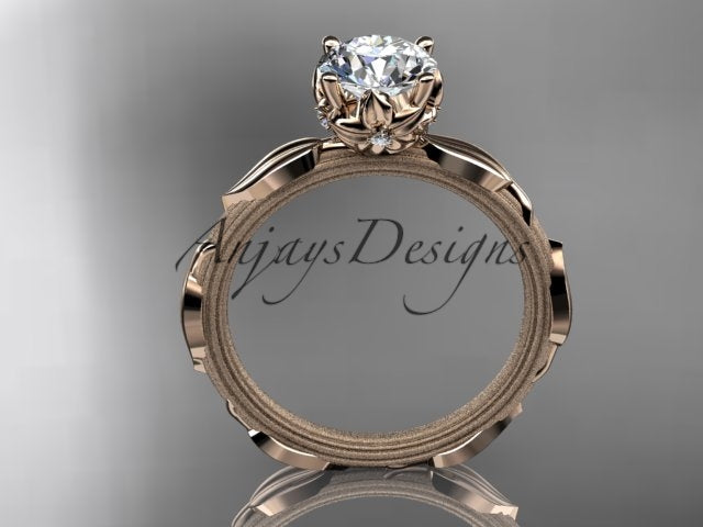 1 carat round lab grown diamond leaf inspired engagement ring in 14k rose gold