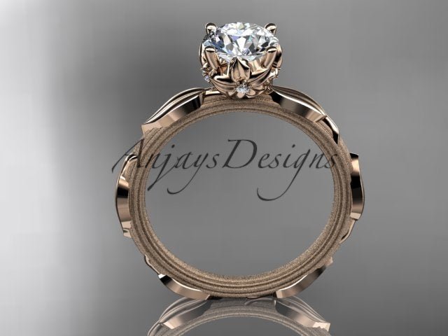 1 carat round lab grown diamond leaf inspired engagement ring in 14k rose gold