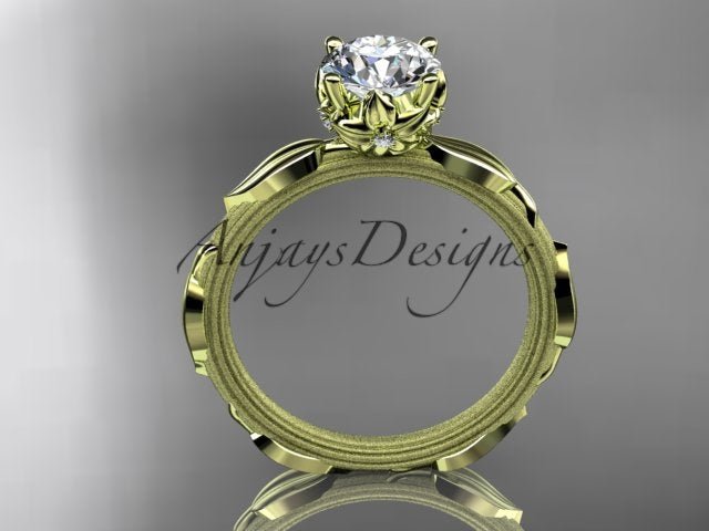 Leaf vine branch engagement ring with 1 carat round lab grown diamond in 14k yellow gold