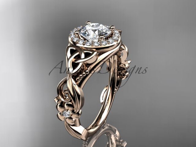 1 Carat Round Lab Grown Diamond Ring Celtic Halo Nature Inspired Engagement Ring - AnjaysDesigns