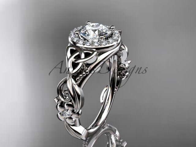1 Carat Round Lab Grown Diamond Ring Celtic Halo Nature Inspired Engagement Ring - AnjaysDesigns