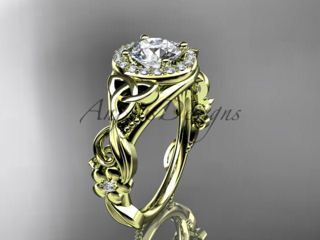 1 Carat Round Lab Grown Diamond Ring Celtic Halo Nature Inspired Engagement Ring - AnjaysDesigns