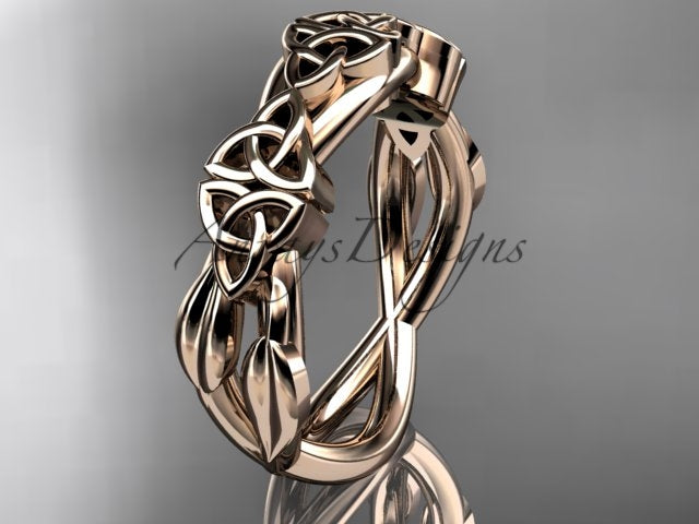 14K rose gold wedding band with interwoven Celtic trinity knots and leaf details