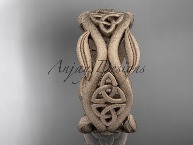 14K rose gold matte Celtic trinity knot wedding band showing the front knot and leaf design.