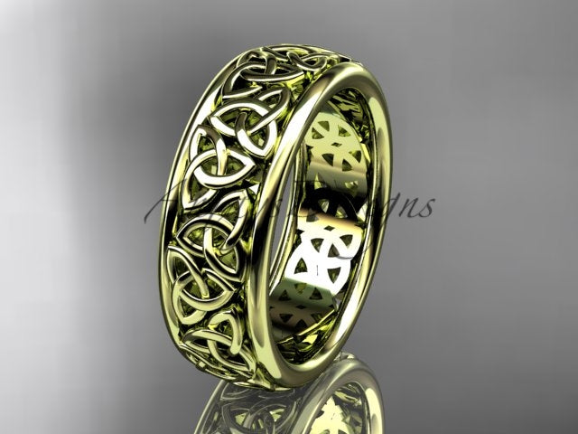 14K yellow gold wedding band featuring an intricate continuous interwoven Celtic knot pattern, shown at an angle.