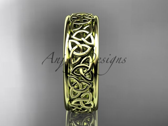 14K yellow gold wedding band displaying the full repeating Celtic knot design across the band.
