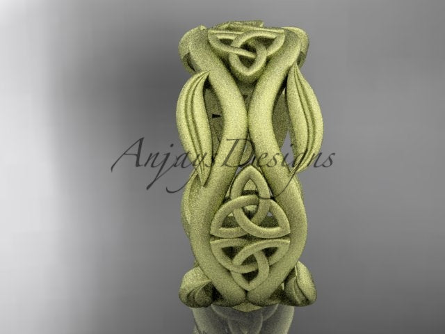 14K yellow gold matte Celtic trinity knot wedding band showing the front knot and leaf design.