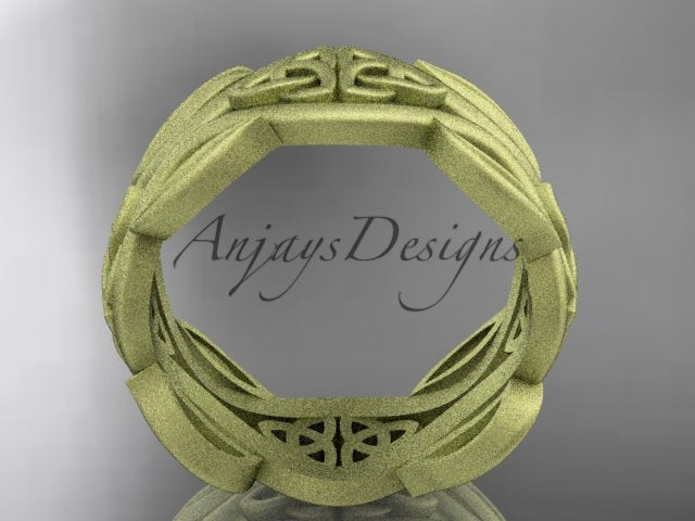 14K yellow gold matte Celtic trinity knot wedding band showing the inner band and underside details.