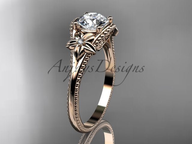 Dainty nature inspired engagement ring with 1 carat lab grown diamond in 14k rose gold