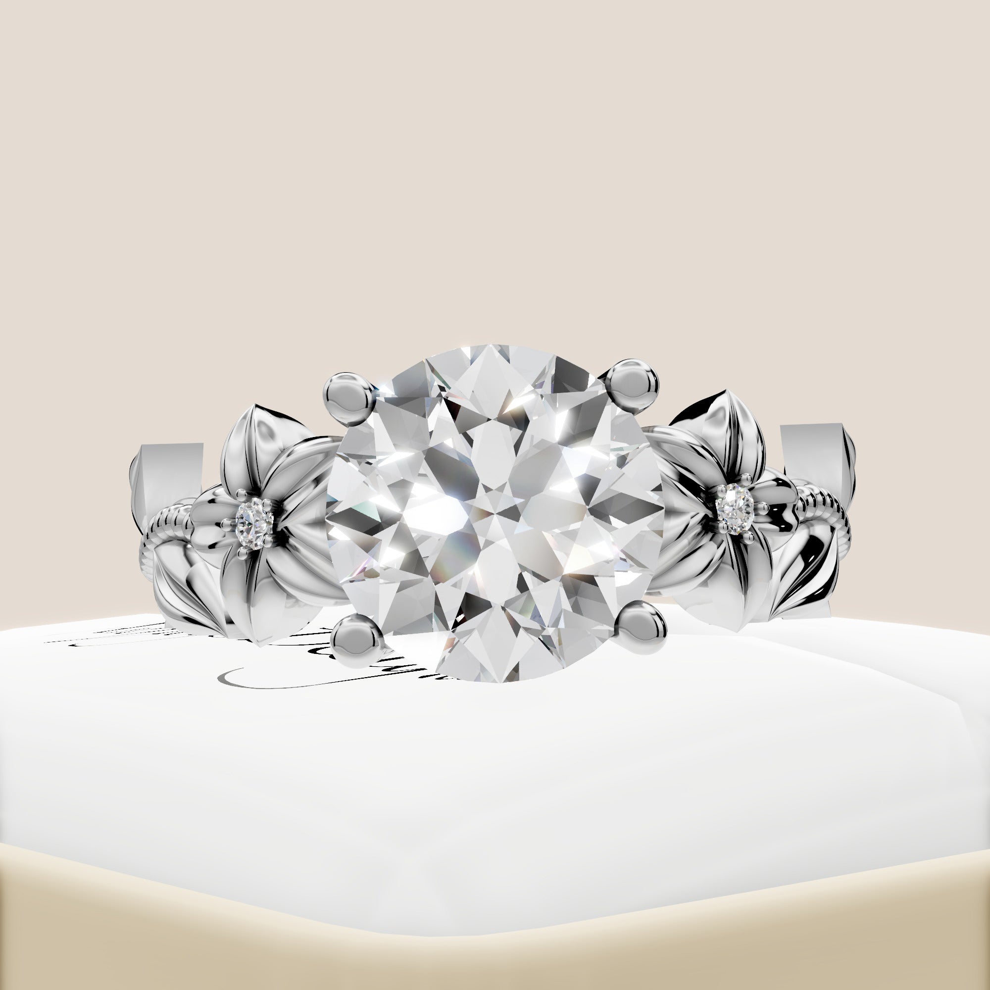 Nature Inspired Diamond Engagement Ring 2 Carat Round Diamond Flower Ring
