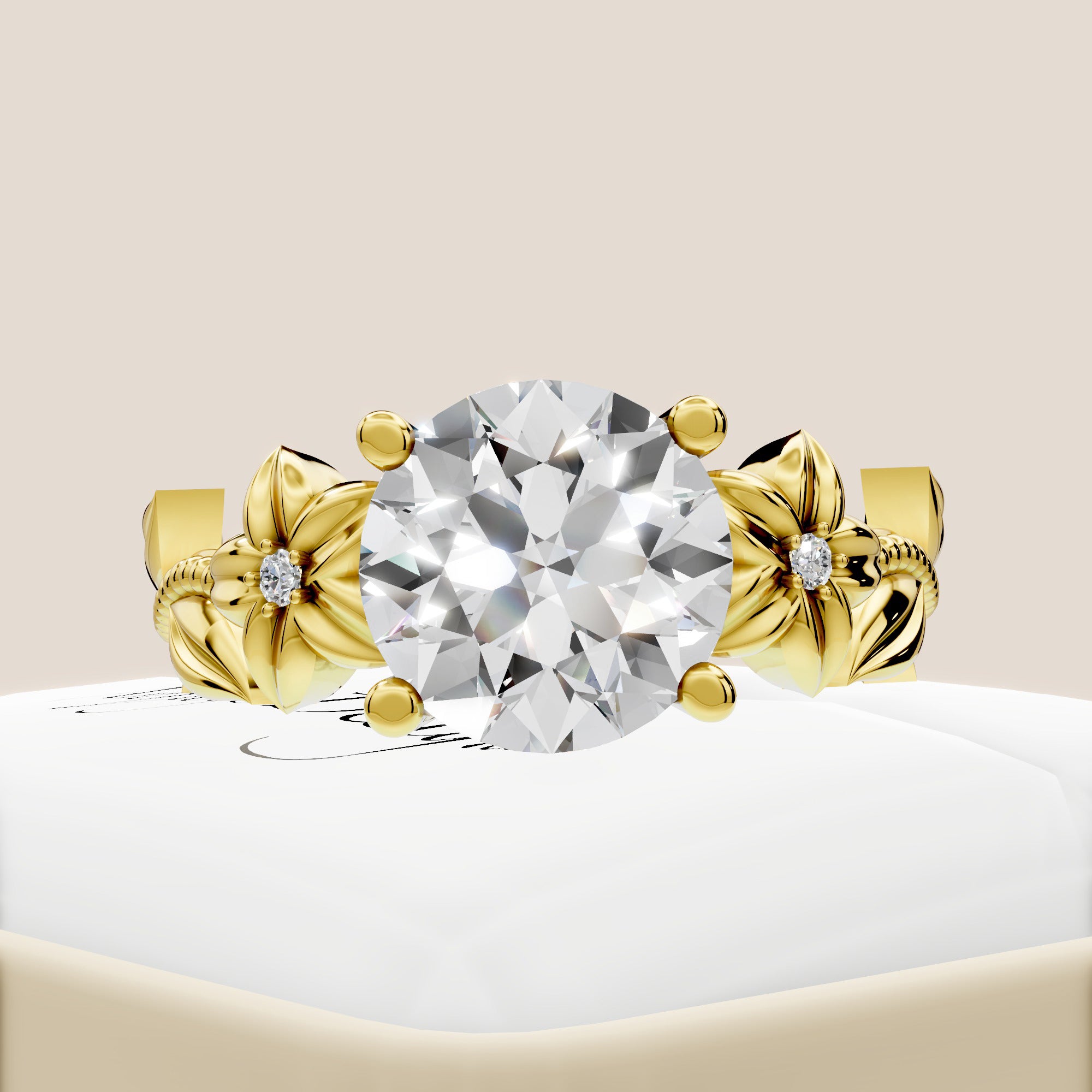 Nature Inspired Diamond Engagement Ring 2 Carat Round Diamond Flower Ring