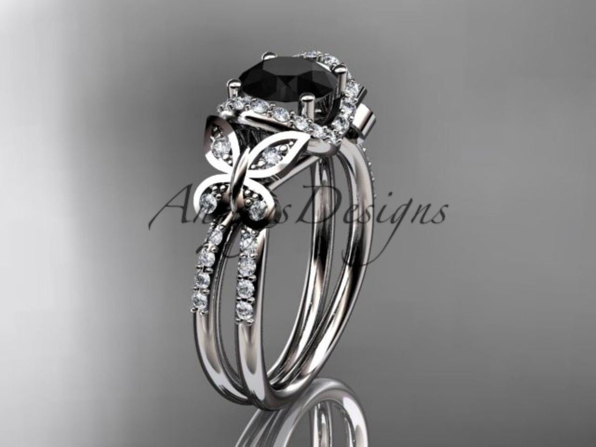 ADLR141 14K white gold black diamond butterfly engagement ring