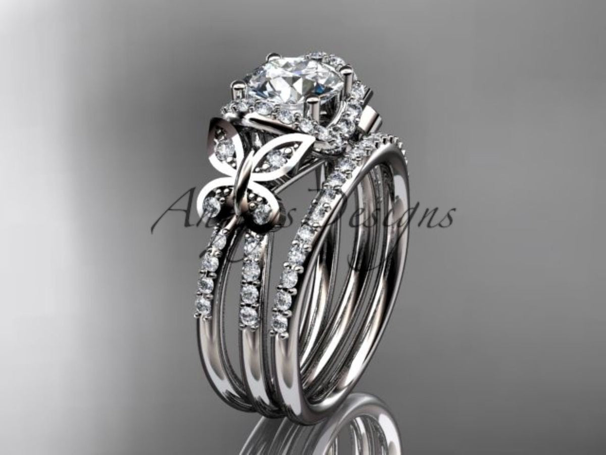 14K white gold butterfly bridal ring with lab-grown diamond center