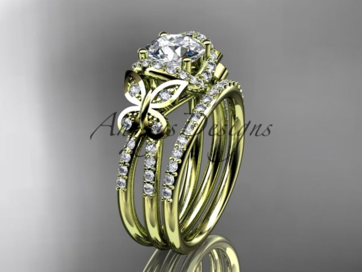 14K rose gold nature-inspired engagement ring with butterfly motif