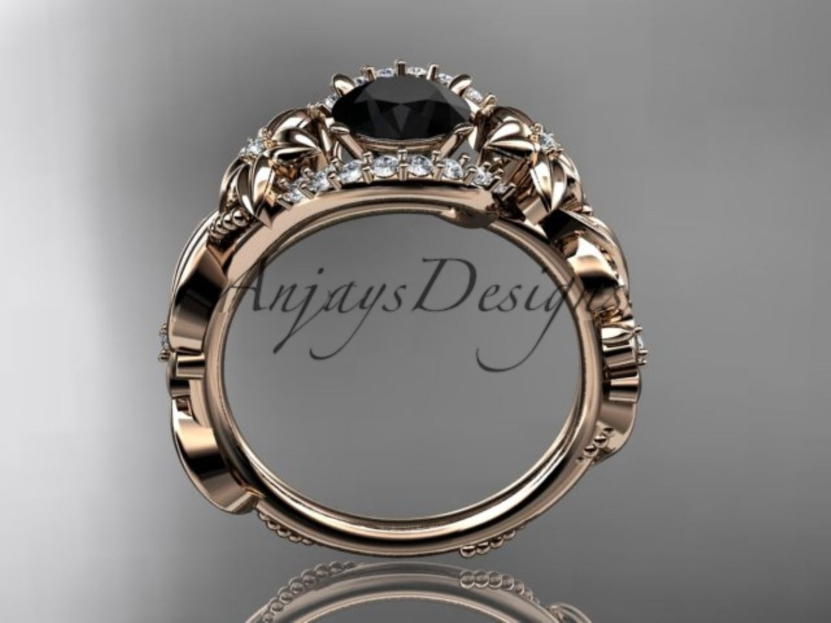 Side view of the black diamond engagement ring with flowing gold details