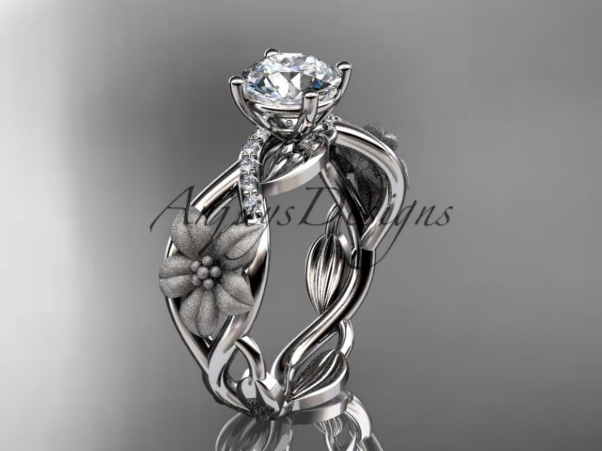 14K white gold floral leaf and vine lab-grown diamond engagement ring