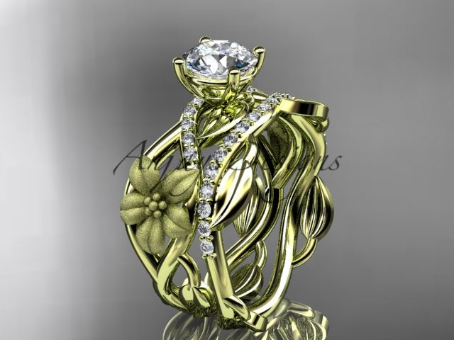 14K YELLOW gold bridal ring set with botanical detailing