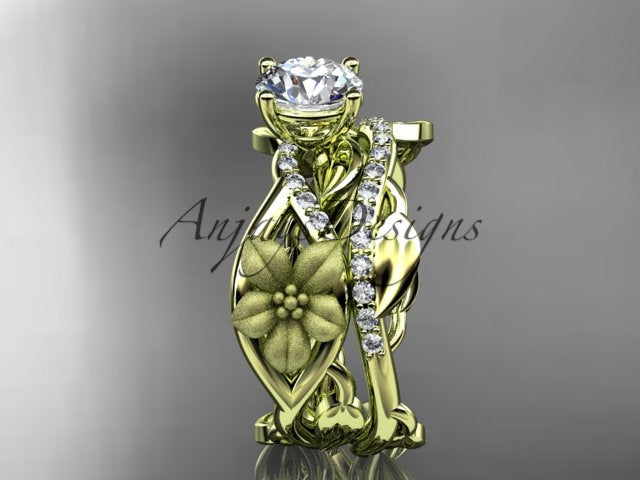 YELLOW gold diamond ring set featuring sculpted petals and flowing vines