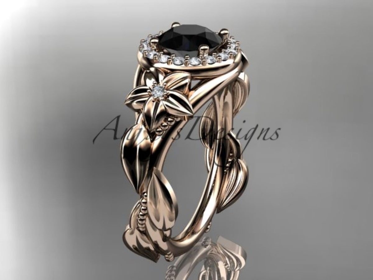 Enhanced Black Diamond Floral Engagement Ring with Sculpted Leaf Details