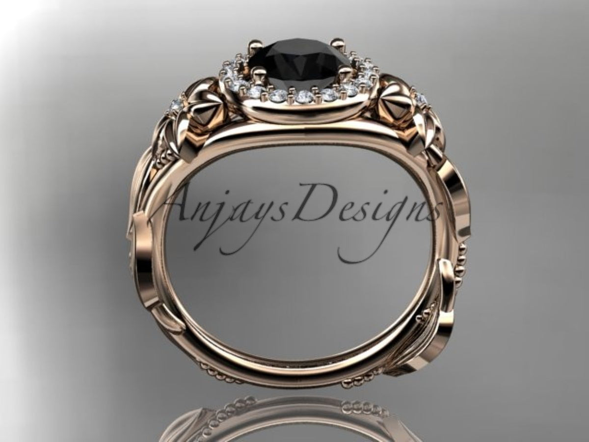 Enhanced Black Diamond Floral Engagement Ring with Sculpted Leaf Details