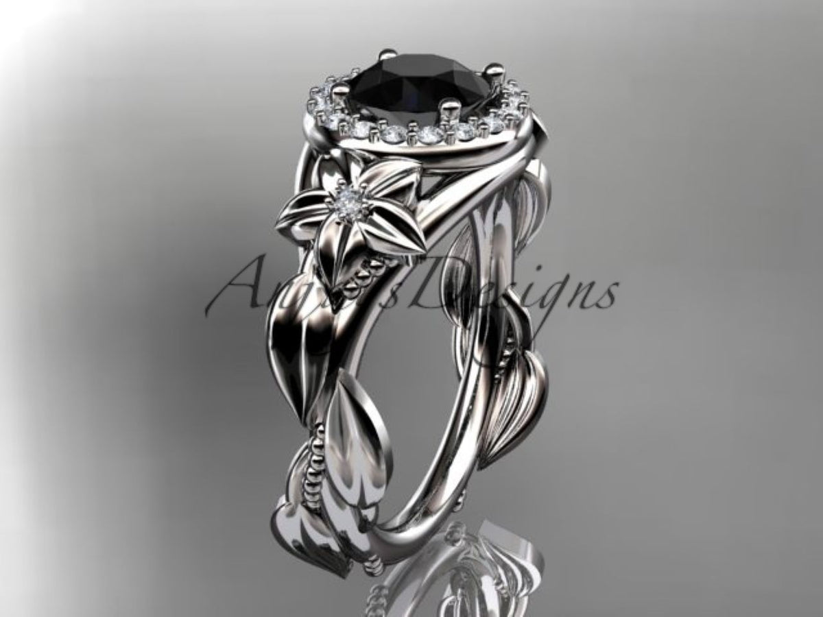 Enhanced Black Diamond Floral Engagement Ring with Sculpted Leaf Details