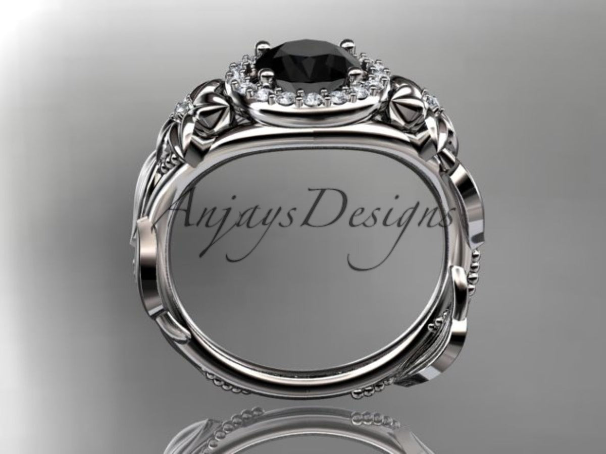 Enhanced Black Diamond Floral Engagement Ring with Sculpted Leaf Details