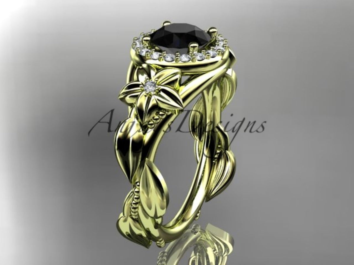 Enhanced Black Diamond Floral Engagement Ring with Sculpted Leaf Details