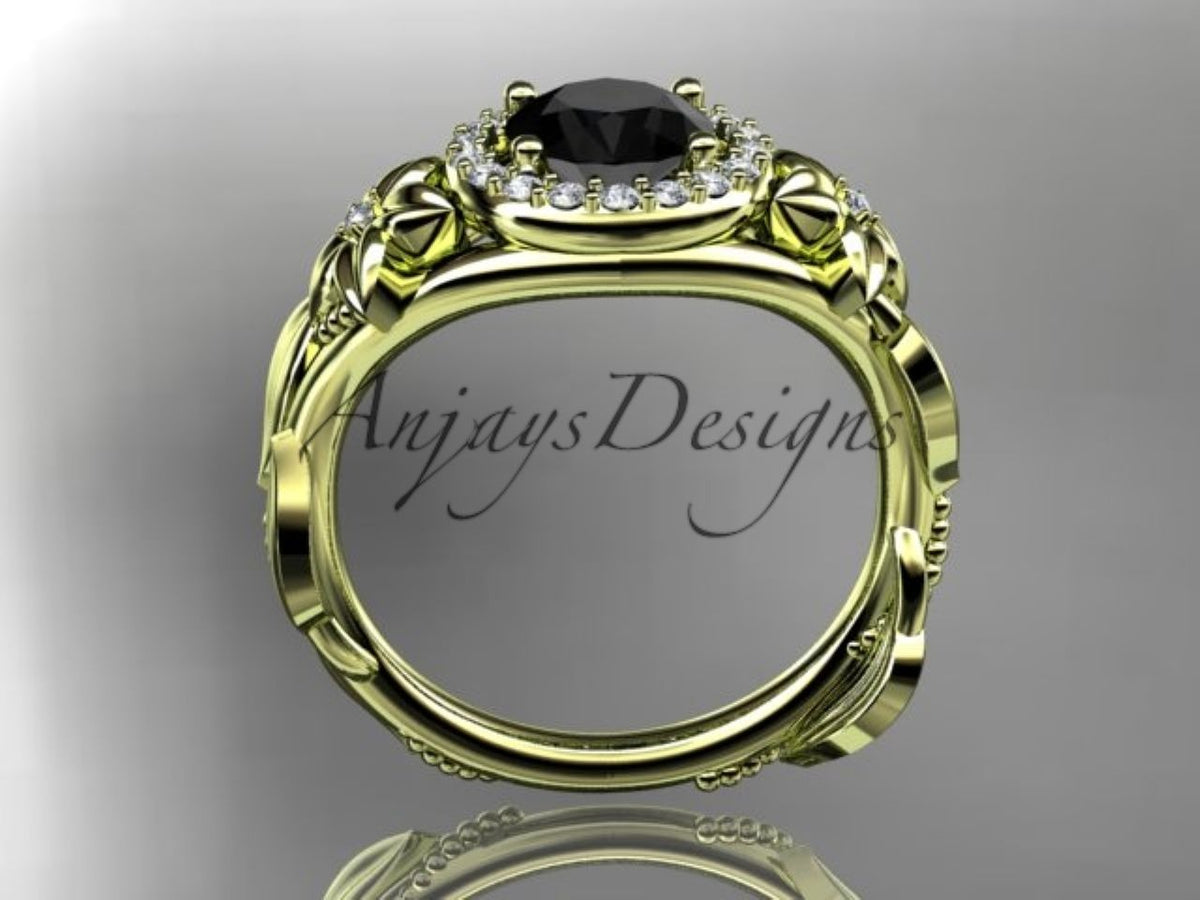 Enhanced Black Diamond Floral Engagement Ring with Sculpted Leaf Details