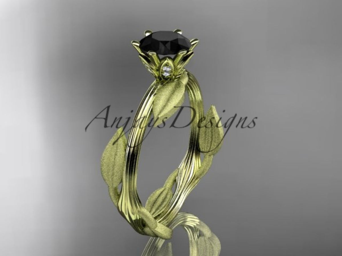ADLR343 14K yellow gold enhanced black diamond leaf and vine ring