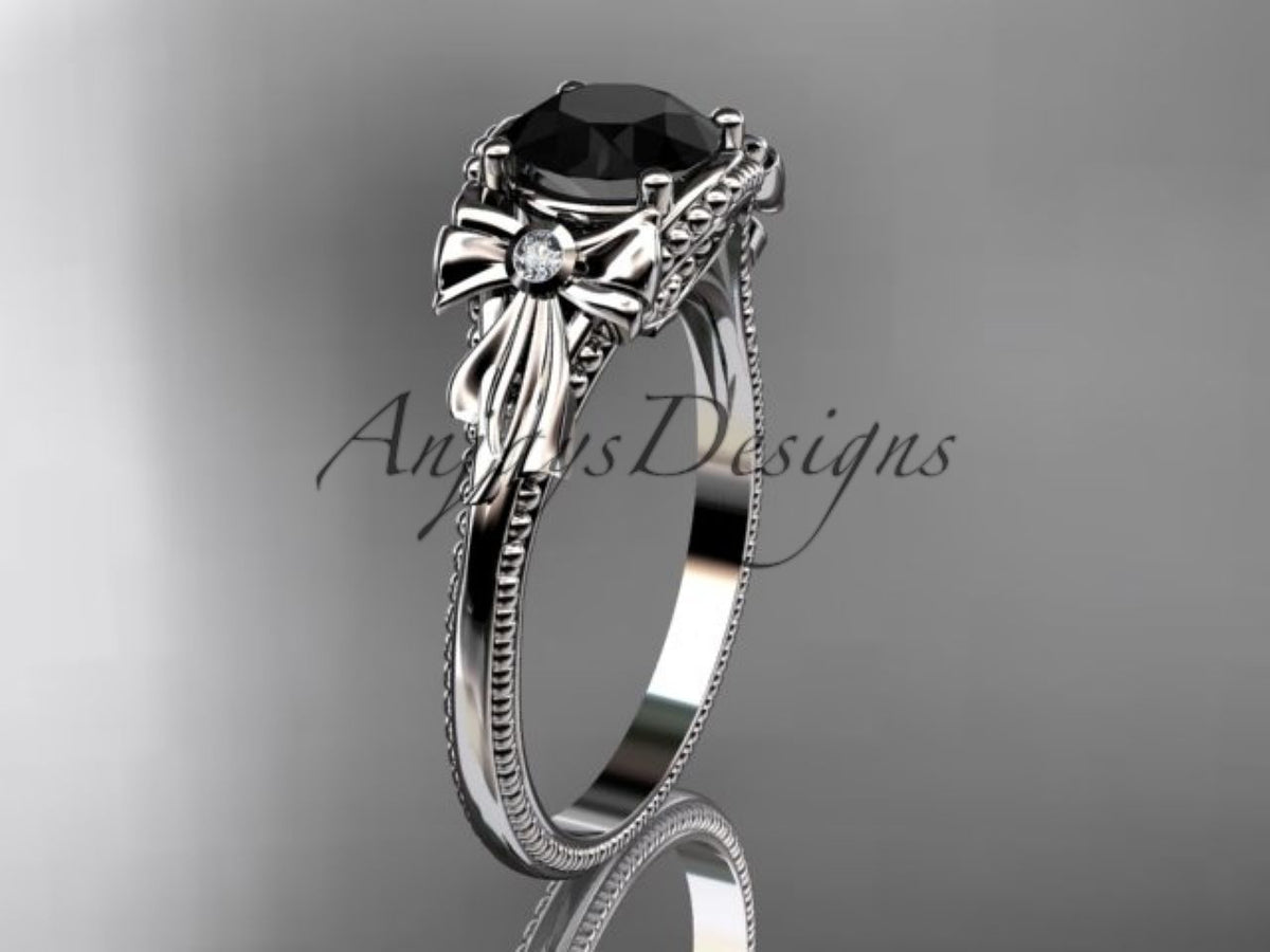 ADLR376 14K white gold black diamond floral engagement ring