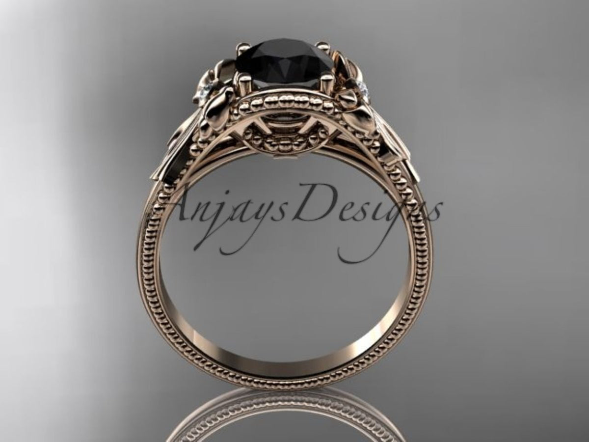 Black Diamond Flower Engagement Ring with Sculpted Bow and Milgrain Band