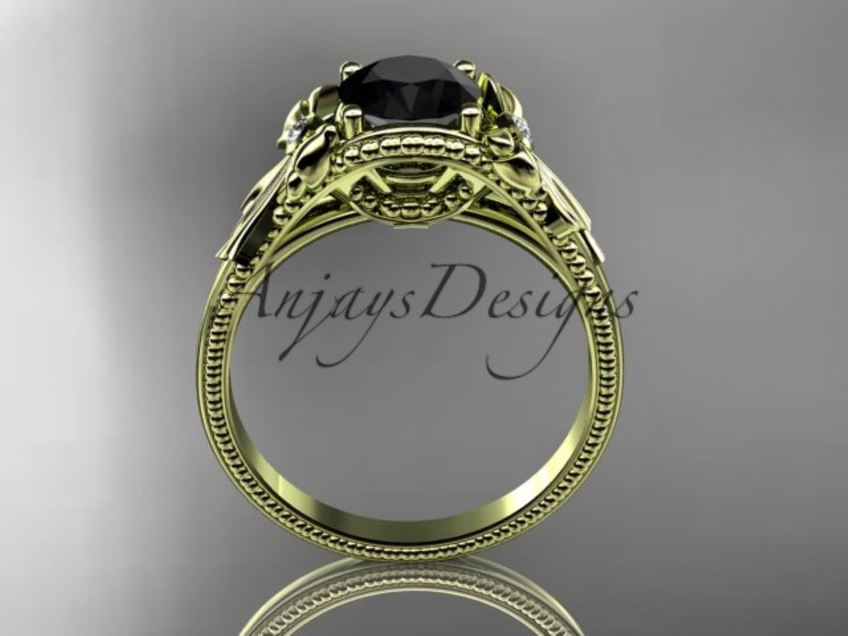 Black Diamond Flower Engagement Ring with Sculpted Bow and Milgrain Band