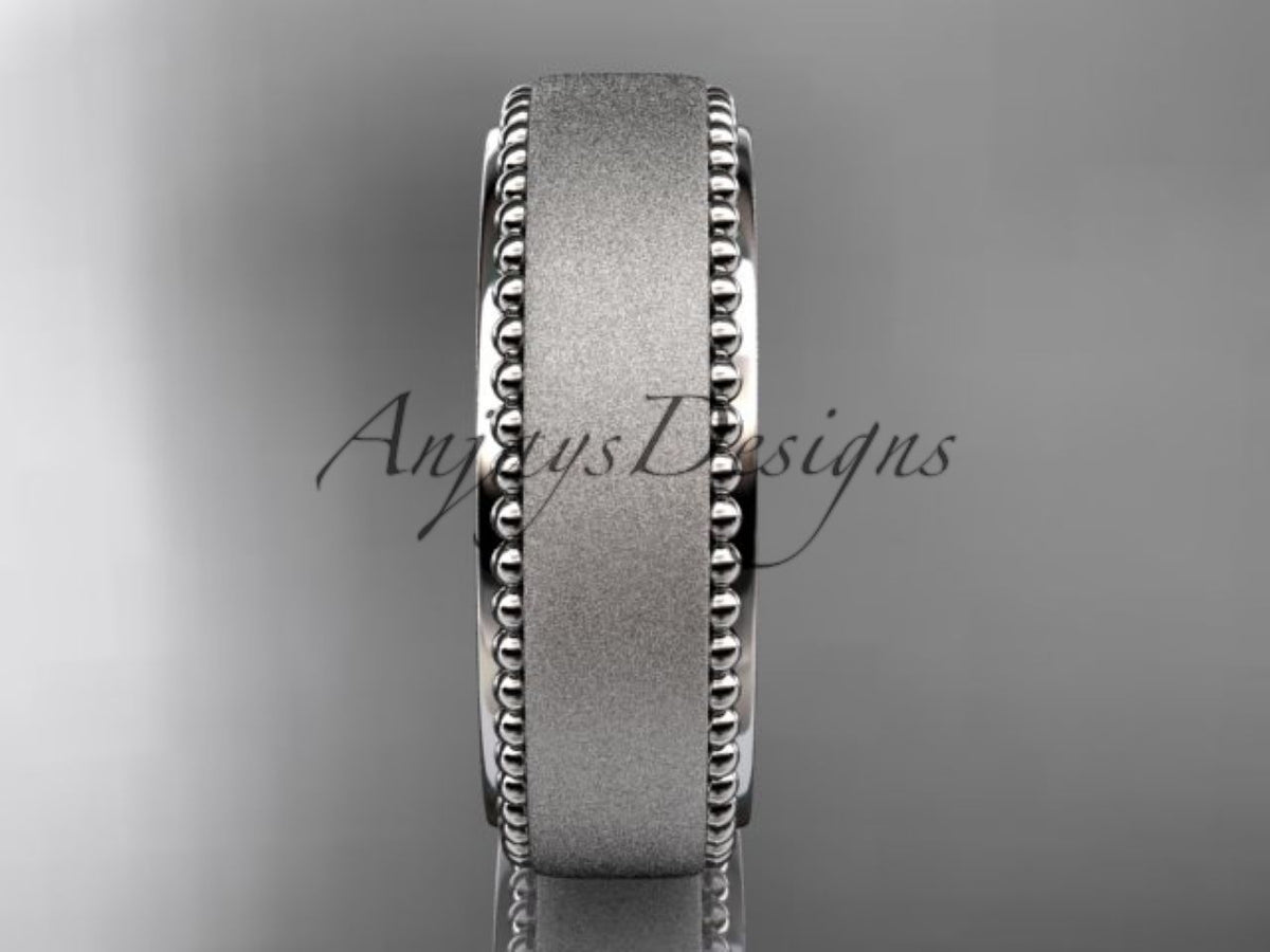 14K White Gold Matte Finish Beaded Edge Wedding Band